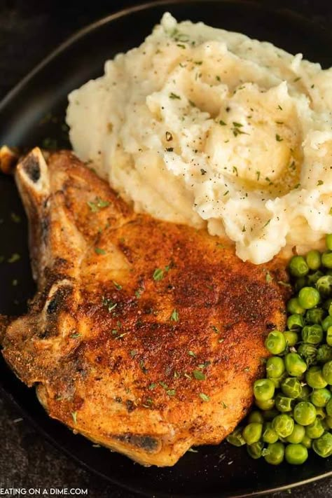 Air Fryer Bone-In Pork Chops - Eating on a Dime Air Fryer Recipes Pork Chops, Fry Pork Chops, Pork Chops Air Fryer, Recipes Pork Chops, Air Fry Pork Chops, Air Fryer Recipes Pork, Bone In Pork Chops, Steak Bites Recipe, Pork Chops And Gravy