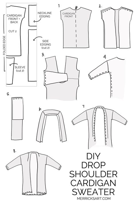 DIY DROP SHOULDER CARDIGAN | Merrick's Art | Merrick's Art Sew Cardigan Pattern Free, How To Make A Cardigan From A Sweater, Diy Cardigan From Sweater, Sewing Cardigan Pattern, How To Sew A Cardigan, Free Cardigan Sewing Pattern, Sweater To Cardigan Diy, Diy Cardigan From Fabric, Long Sleeve Pattern Sewing