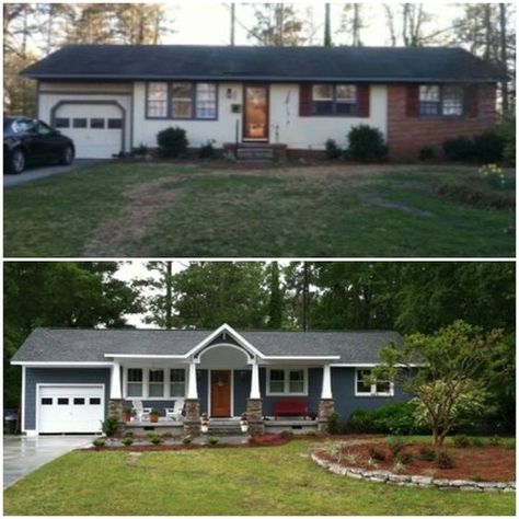 20 Home Exterior Makeover Before and After Ideas Exterior Ranch Remodel, Ranch House Remodel, Ranch House Exterior, Glass Railings, Exterior House Remodel, Ranch Remodel, Porch Addition, Brick Ranch, Home Exterior Makeover