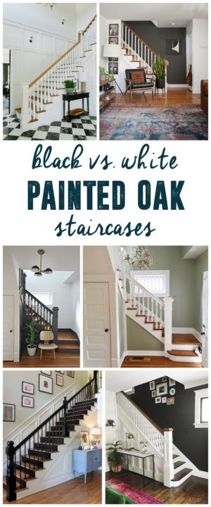 Painted Staircases Black vs. White, Painted Oak Stairs, Painting Wood Stairs, www.BrightGreenDoor.com Painting Wood Stairs Black, Black And White Wood Stairs, Staircase Railing Color Ideas, Stair Colors Paint, Black And White Steps Staircases, Oak Stairs Makeover, Staircase Black And White, Farmhouse Entryway With Stairs, Black And White Railing Stairways