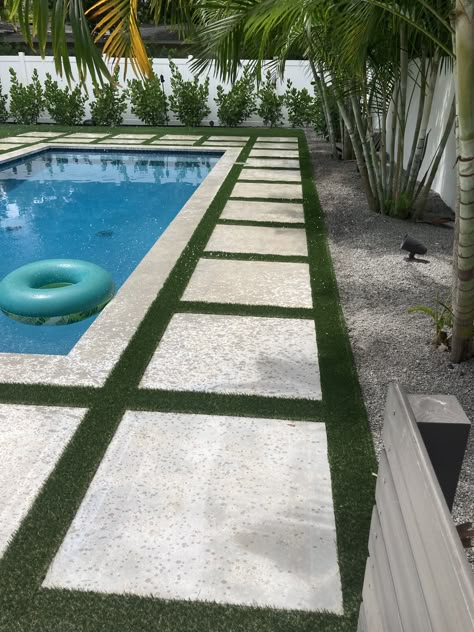 Pool Surround Ideas Landscaping, Concrete Slabs Around Pool, Pathway To Pool Backyards, Pool Landscaping Concrete, Turf And Stone Around Pool, Pool With Pavers And Turf, Pool With Turf And Concrete, Travertine And Turf Pool Deck, Pool With Astroturf