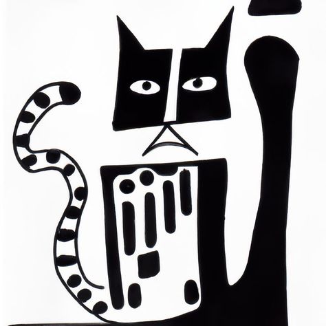 Picasso's style black and white cat drawing for home decoration, gifts, printable image Cat Drawing Digital, Black And White Cat Drawing, White Cat Drawing, Picasso Cat, Image Wall, Drawing Printable, Picasso Style, Black And White Cat, Drawing Digital