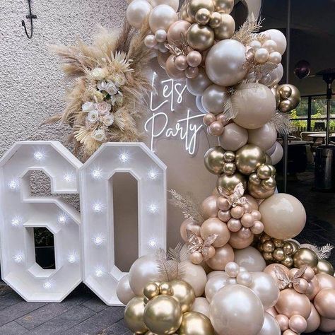 Balloon Decoration For 60th Birthday, Boujee Birthday Decorations, 60th Decorations Birthday, Rose Gold And Pink Birthday Party Decor, Ballon Arches Birthday, 60 Balloon Arch, 60 Birthday Party Decor, 50th Birthday Colour Theme, Women Birthday Decor