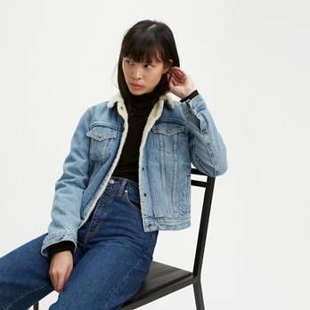 Original Sherpa Trucker Jacket - Medium Wash | Levi's® US Jean Jacket Outfits Spring, Trucker Jacket Outfit, Short Jean Jacket, Sherpa Jean Jacket, Outfit Ideas For Moms, Sherpa Trucker Jacket, Levis Jean Jacket, Sherpa Denim Jacket, Women Trucker