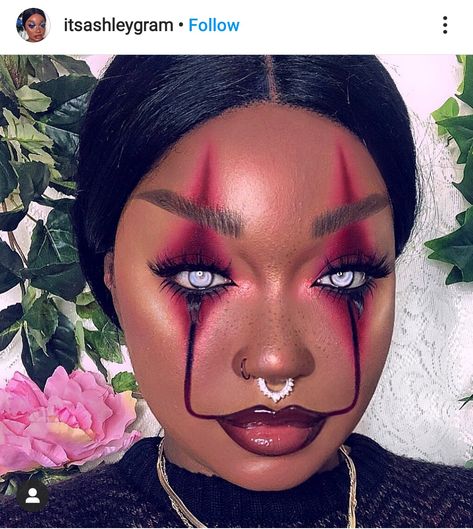 Found on ig @ itsashleygram Pennywise Inspired Makeup, Women’s Clown Make Up, Couples Clown Makeup, Clown Makeup Black Women, It Makeup Clown Women, Clown Makeup Red And Black, Black And Red Clown Makeup, Carnival Clown Makeup, Pennywise Makeup Girl