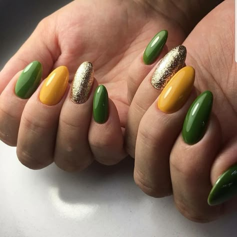 Orange Yellow And Green Nails, Green And Yellow Fall Nails, Olive Green And Yellow Nails, Dark Green And Yellow Nails, Green And Yellow Nail Art, Green Yellow Nail Art, Yellow Green Nails Design, Green And Yellow Nails Design, Nails Green And Yellow