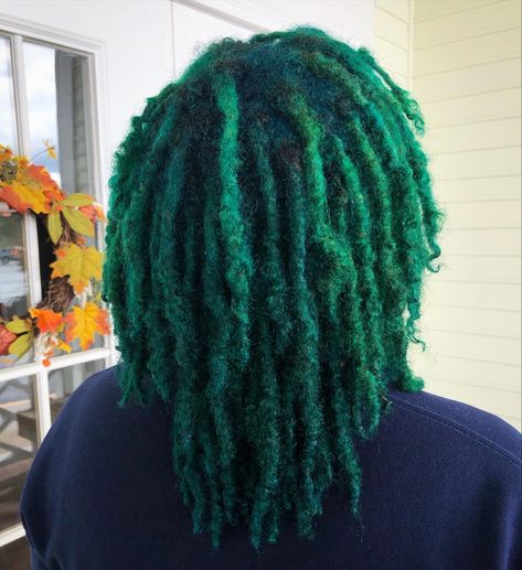 Dyed Locs Green, Dark Green Locs Black Women, Mint Green Locs, Emerald Green Locs Black Women, Green Afro, Green To Blue Hair, Teal Dreads, Green And Black Locs, Dred Locks