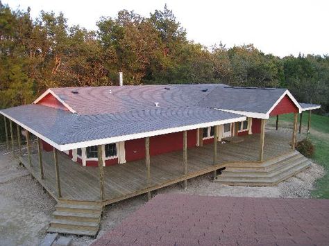 wrap around porch for our single-wide mobile home! nice deck! Add On To Mobile Home Ideas, Deck Ideas For Modular Home, Double Wide Add On, Doublewide Porch Ideas, Manufactured Home Porch Ideas, Roof Porch, Manufactured Home Porch, Mobile Home Makeover, Mobile Home Renovations