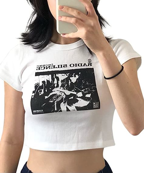 Meladyan Women Vintage Graphic Print Crop T-Shirt Top Gothic Grunge Fairy Short Sleeve Crewneck 90s Aesthetic Tee Classic White at Amazon Women’s Clothing store Grunge Fit Ideas, Cool Shirt Designs Graphic Tees, Shirt Designs Graphic, Outfits Summer Women, Crop Tee Shirt, Rock Y2k, Crop Top Design, Crop Top Aesthetic, Cropped Tees