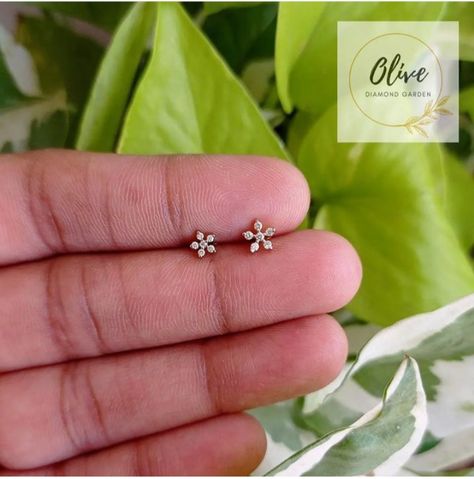 Gold Studs Earrings Indian Small Diamond, Diamond Second Stud Earrings, Second Stud Earrings, Diamond Studs Indian, Second Stud, Diamond Nosepin, Diamond Flower Earrings, Small Earrings Gold, Nose Ring Jewelry