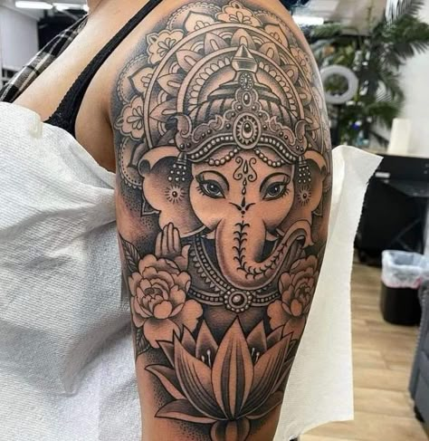 Hindu Arm Sleeve Tattoo, Indian Elephant Tattoos For Women, Hamsa Arm Tattoo, Indian Inspired Tattoos For Women, Buddha Tattoo Sleeve Women Lotus Flowers, Hindu Lotus Tattoo, Elephant Tattoos Arm Half Sleeves, Elephant Half Sleeve Tattoos For Women, Black Women Tattoos Ideas Arm