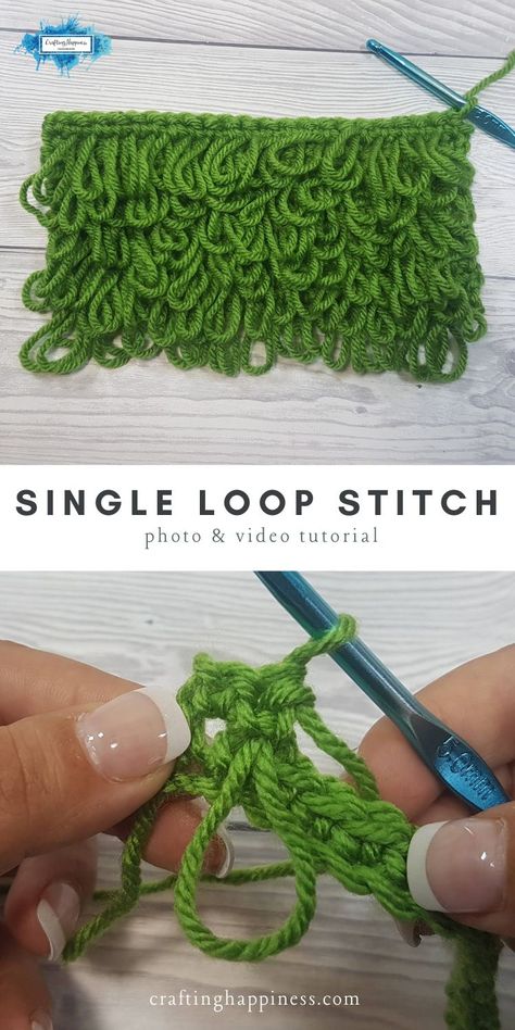 Learn how to crochet the Single Loop Stitch - a free step by step tutorial & video from Crafting Happiness. How To Crochet Loopy Stitch, Loop Stitch Crochet Projects, Loop Crochet Stitch, Crochet Loop Stitch, Beginner Knitting Patterns Free, Loop Stitch Crochet, Crochet Sensory, Crochet Umbrella, Crochet Help