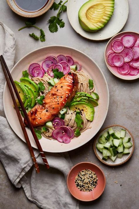 Noodle Bowl Recipes, Pan Asian Food, Soba Noodle Bowl, Noodle Bowls Recipes, Food Styling Ideas, Miso Salmon, Garlic Prawns, She Cooks, Soba Noodle