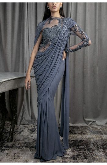 Grey Saree For Farewell, Gaurav Gupta Saree, Saree Gown Party Wear, Pushed Back Hair, Drape Sari, Solid Saree, Indian Dress Up, Reception Outfits, Drape Sarees