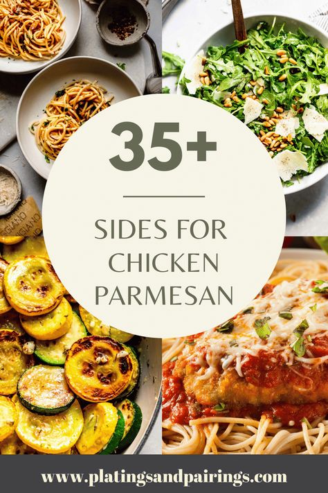 Wondering what to serve with Chicken Parmesan? Here's 35+ of the BEST side dish recipes. From salads, to vegetables, appetizers and more! What Goes With Chicken Parmesan, What To Eat With Chicken Parmesan, Chicken Parm Dinner Sides, Sides To Go With Chicken Parmesan, Chicken Parmesan Sides Dishes Ideas, Bruschetta Chicken Sides, Chicken Parmesan Dinner Sides, Parmesan Chicken Sides, Side For Chicken Parmesan