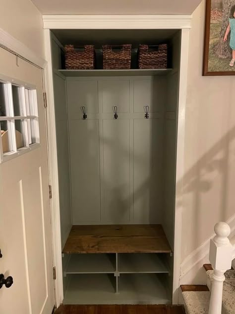 Closet Cubby Ideas, Front Closet Makeover, Small Entry Closet, Entry Closet Makeover, Entry Closet Ideas, Entryway Closet Makeover, Coat Cupboard, Closet Mudroom, Small Mudroom Ideas