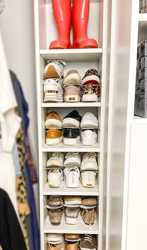 Shoe Storage In A Small Closet, Shoe Rack In Closet Small Spaces, Narrow Closet Shoe Storage, Shoe Storage Top Of Closet, Closet Shoe Cubbies, Build A Shoe Rack In Closet, Closet Designs Shoe Storage, Inside Closet Shoe Storage, Kids Closet Shoe Storage