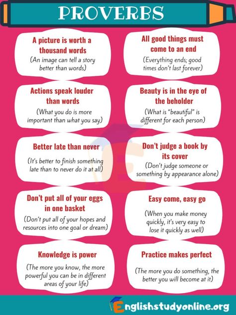 Most Common Proverbs in English with Meanings - English Study Online English Proverbs With Meanings, Proverbs For Kids, Common Proverbs, Proverbs In English, Proverb With Meaning, Proverbs English, English Proverbs, Idioms English, English Desk