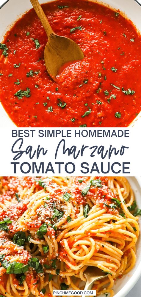 A simple and easy homemade San Marzano Tomato sauce that is full of rich, luscious Italian flavors. This 2-step sauce recipe is going to be your new favorite. Use it on pasta, pizza, or even chicken parmesan! Best Italian Tomato Sauce Recipe, San Marzano Tomatoes Recipes, Tomato Sauce For Meatballs, Pasta Sauce Recipes Tomato, San Marzano Tomato Sauce, Red Sauce Recipe, Italian Pasta Sauce, Italian Tomato Sauce, Red Sauce Pasta