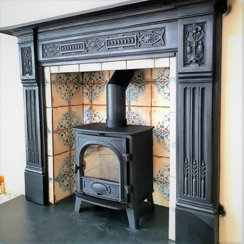 Victorian Home Renovation, Wood Burner Fireplace, Wood Fireplace Surrounds, Wood Burning Stoves Living Room, Log Burner Fireplace, Log Burner Living Room, Vintage Fireplace, Wood Stove Fireplace, Victorian Fireplace