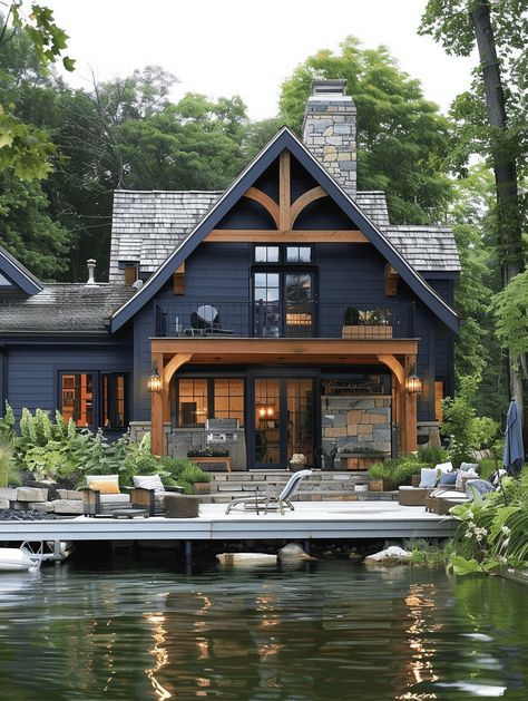 25 Rustic Home Exterior Ideas for Curb Appeal Swiss Cottage Exterior, Dark Blue Cabin Exterior, River Stone Exterior Houses, A Frame Exterior Makeover, Industrial Cottage Exterior, Mountain Cabin Exterior Color Schemes, Exterior Lake House Ideas, Exterior Log Cabin Colors, Cottage Roof Design