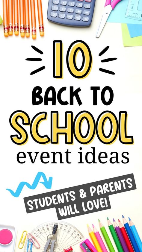 Are you wondering how to make back to school more fun for kids? Grab these 10 fun back to school event ideas! Students of all ages will benefit: elementary, preschool, middle school and more. Includes party ideas, games, welcome ideas, and activities. Grab more great room mom ideas for school programs and events at roommomrescue.com. Whole School Event Ideas, Back To School Open House Themes, Pta First Day Of School Ideas, Back To School Pta Ideas, Pto Back To School Event, School Wide Activities Elementary, Pto Welcome Back To School, Pta Back To School Night Ideas, Elementary School Pta Events