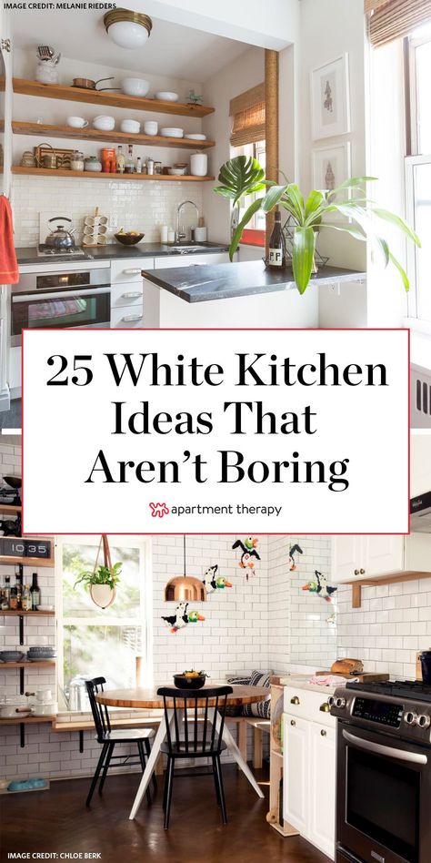 If you've convinced yourself that white kitchen cabinets are totally boring and #basic, check these out. Get design and decorating inspiration from these beautiful white kitchens. #whitekitchens #kitchenideas #kitchencabinets #whitecabinets #kitchentrends #kitchendecor #whitekitchenideas Small White Kitchen Ideas Apartment, Non Boring White Kitchens, White Kitchen Aesthetic Modern, Small White Kitchen Decor Ideas, White Simple Kitchen Ideas, Not Boring White Kitchen, White Kitchen Small Space, Small Kitchen White Cabinets Ideas, Adding Colour To A White Kitchen