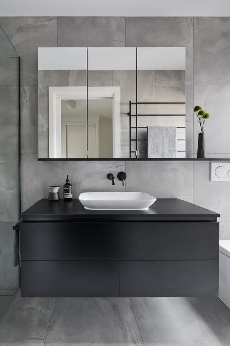 Toilet One Piece, Bathroom Furniture Design, Laminate Wall, Over The Toilet Storage, Bathroom Design Black, Black Vanity Bathroom, Grey Bathroom Vanity, Over The Toilet, Small Bathroom Makeover