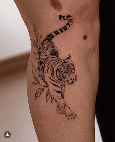 Women’s Tiger Tattoo, Tiger With Leaves Tattoo, Cool Tiger Tattoos, Tiger Thigh Tattoo For Women, Fineline Tiger Tattoo, Tiger Hip Tattoo, Tiger Leg Tattoo, Wild Cat Tattoo, Tiger Thigh Tattoo