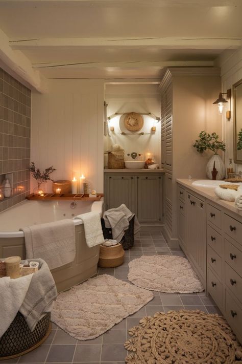 Rustic farmhouse-inspired bathroom featuring warm wood tones, cozy textiles, and candles. Minimal Cozy Bathroom, Cozy Home Aesthetic Bathroom, Simple Cozy Bathroom, Cute House Bathroom, Cute Cozy Bathroom, Cozy Home Bathroom, Cozy House Bathroom, Soft Bathroom Aesthetic, Apartment Aesthetic Cozy Bathroom