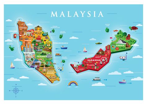 Visit Malaysia 2015 Map - Yen Pooi Tan #MalaysiaHolidayPackages #MalaysiaPackages  #ColorfulVacations Peta Malaysia, Poster Malaysia, Malaysia Culture, Creative Maps, Malaysia Trip, Malaysia Tourism, Malaysia Kuala Lumpur, Malaysia Travel Guide, Malaysia Tour