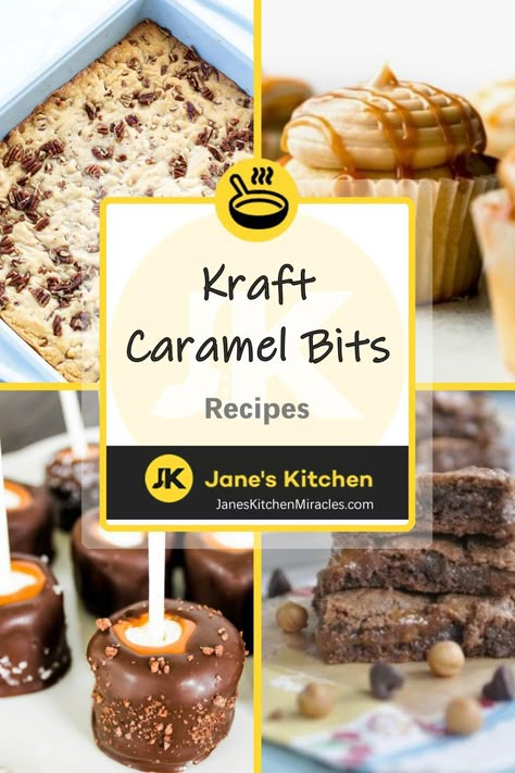 Kraft Caramel Bits in various dishes Kraft Caramel Bits Recipes, Caramel Bits Recipes, Kraft Caramel Bits, Caramel Brownies Recipe, Apple Cheesecake Bars, Ic Recipes, Salted Caramel Frosting, Caramel Treats, How To Melt Caramel