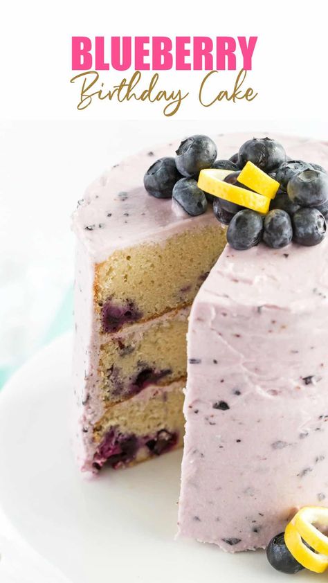 blueberry cake with a slice cut out to show the inside. Lemon Blueberry Layer Cake, Blueberry Zucchini Cake, Blueberry Layer Cake, Blueberry Zucchini, Resipi Kek, Chandelier Cake, Kek Lapis, Blueberry Cake Recipes, Red Velvet Cake Recipe