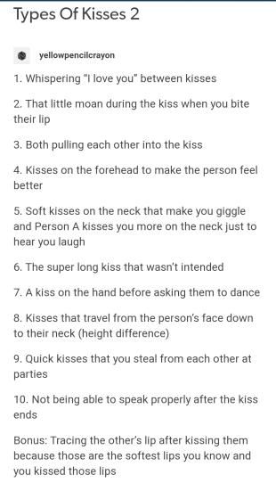 Different Types Of Kisses Drawing, Plot Prompts Romance, Types Of Kisses Prompts, Otp Prompts Steamy Kiss, Romantic Prompts Tumblr, Make Out Writing Prompts, Plot Ideas Prompts Romance, Different Kisses Types, Secret Love Prompts