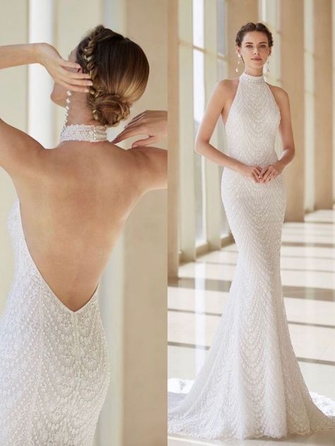 High Neck Open Back Wedding Dress, High Neck Wedding Dress Low Back, Choker Wedding Dress, High Neck Halter Wedding Dress, Bridal Fits, Halterneck Wedding Dress, Slim Wedding Dresses, Halter Neck Wedding Dress, Halter Top Wedding Dress