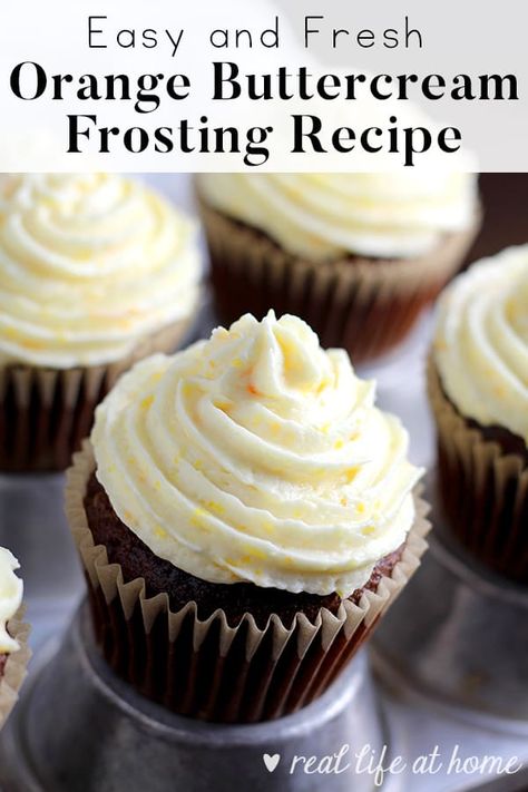 This light and fresh orange buttercream frosting recipe with orange zest added is sure to please a crowd. With my method for making the frosting airy and fluffy, this orange icing perfectly pairs with cakes and cupcakes and is easy to make! Orange Buttercream Frosting Recipe, Almond Buttercream Frosting Recipe, Orange Buttercream Frosting, Homemade Vanilla Frosting, Vanilla Frosting Recipes, Almond Buttercream, Pear And Almond Cake, Cupcakes Homemade, Lemon Buttercream Frosting