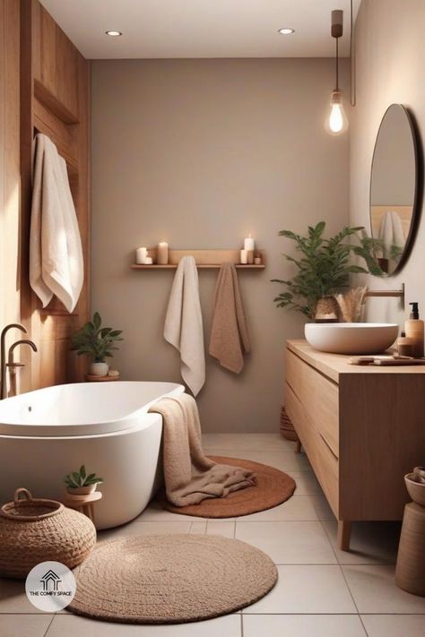 Feeling the winter blues? It's time to turn your bathroom into a Hygge oasis! Start with warm lighting and soft towels to create an inviting atmosphere. Don't forget to add natural elements for that extra touch of comfort. Your bathroom can be more than just a functional space; it can be your personal retreat! Let's make it a cozy haven this winter!#CozyVibes #HyggeStyle #BathroomInspo #WinterWarmth #HomeDecor Natural Aesthetic Bathroom, Bathroom Spa Aesthetic, Bathroom Earthy Decor, Calm Bathroom Aesthetic, Soft Bathroom Aesthetic, Neutral Color Bathroom Ideas, Apartment Aesthetic Cozy Bathroom, Calm Home Aesthetic, Cosy Bathroom Ideas