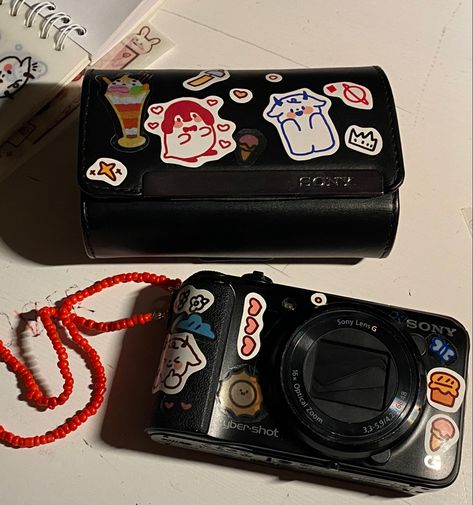 sony cybershot camera aesthetic & stickers Digital Camera Aesthetic Stickers, Old Sony Camera, Camera Collection Aesthetic, Camera With Stickers Aesthetic, Stickers On Camera, Digital Camera With Stickers, Camera Decorations Sticker, Sony Cybershot Camera Aesthetic, Camera Stickers Aesthetic