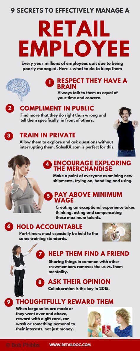 Manage Retail Employees Effectively... many a consignment shopkeeper's (and others!) biggest challenge, TGtbT.com has found. Retail Manager Outfit, Retail Training, Employee Infographic, Retail Manager, Retail Management, Successful Company, Managing People, Sales Skills, Retail Marketing