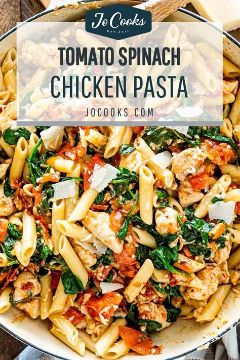 Pasta Dish With Chicken And Spinach, Pasta With Chicken Spinach And Tomatoes, Tomatoe Spinach Chicken Pasta, Chicken Tomato Feta Pasta, Chicken Spinach Tomato Recipe Healthy, Easy Chicken Spinach Pasta, Chicken Spinach Tomatoes Recipes, Chicken Spinach Noodles Recipes, Baked Chicken Pasta Recipes Healthy