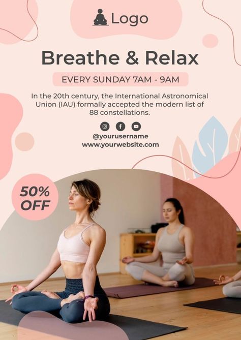 Abstract Pastel Breath And Relax Yoga Class Every Sunday Poster Online Yoga Classes Poster, Yoga Class Poster Design, Yoga Class Poster, Wellness Poster, Yoga Poster Design, Class Poster Design, Yoga Flyer, Relax Yoga, Best Banner Design