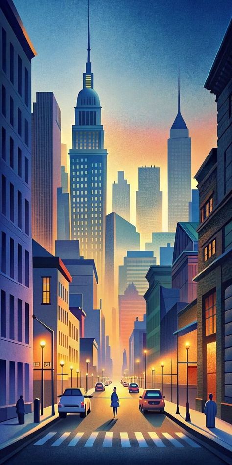 Urban Landscape Illustration, New York Digital Art, Big City Illustration, City Poster Illustration, Phone Wallpaper New York, Big City Wallpaper, Skyscrapers Illustration, City Background Drawing, City Background Illustration