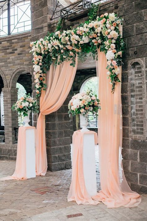 30 Coral Wedding Decor Ideas We Are Obsessed With — PACIFIC ENGAGEMENTS Coral Wedding Decorations, Coral Wedding Colors, Wedding Drapery, Unique Bridal Bouquets, Peach Bridesmaid, Peach Bridesmaid Dresses, Rustic Wedding Decorations, Romantic Wedding Ceremony, Wedding Design Decoration