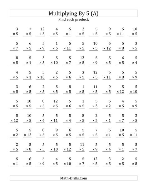 The Multiplying 1 to 12 by 5 (A) math worksheet from the Multiplication Worksheet page at Math-Drills.com. Multiplication Timed Test, Multiplication Drills, Free Multiplication Worksheets, Times Tables Worksheets, Multiplication Facts Worksheets, Printable Multiplication Worksheets, Math Multiplication Worksheets, Multiplication Worksheet, Math Fact Worksheets