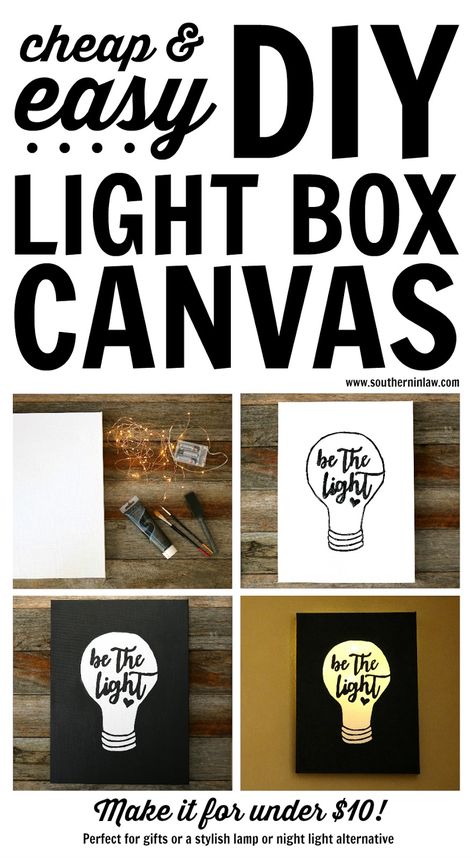 Cheap Easy DIY Light Box Canvas Art Project Ideas - under $10, weekend projects, craft, how to make, budget friendly, painting, LED fairy lights, kids bedroom, night light, custom lamp, unique quote wall decor Diy Art Projects Canvas, Kids Bedroom Lights, Canvas Tutorial, Light Box Diy, Light Up Canvas, Diy Wall Decor For Bedroom, Key Hangers, Jewerly Organizer, Diy Tumblr