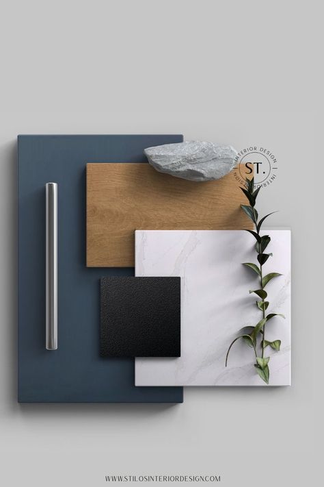 Office Blue And White, Colour And Material Board, Black White And Blue Interior Design, Black White Blue Wood Bathroom, Blue Black Bathroom Ideas, Office Material Palette, Wood And Blue Color Palette, Black White Blue Interior Design, Blue Black Wood Kitchen