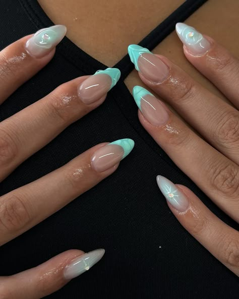 🩵🐬🧚🏽‍♂️🩴🦋 inspo: @ceesclaws @shopagaloreco products used: *bonding base *irish creme base *cyan + aquamarine *bling gel *diamond steel top coat use code ‘ALEXIA10’ at checkout 🤎 #nailsnailsnails #nailart #nailinspo #summernails #bluenails #3dnailart #3dnails #auranails #gelx #gelxnails #gelxinspo #gelxnailtech #cltnails #cltnailtech Mint Almond Nails Design, Dark Teal French Tips, Mint Blue Nails Design, Aquamarine Nail Designs, Pink And Aqua Nails, Turquoise And Silver Nails, Tiffany Blue Nails Design, Sea Foam Nails, Blue Vacation Nails