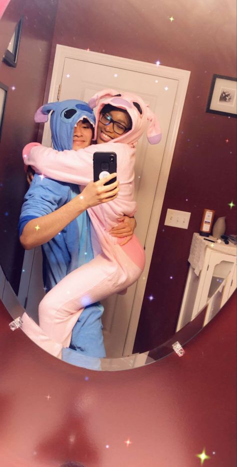 Interracial, diverse, onesie costume, cute Stitch And Angel Matching Onesies, Matching Stitch Onesies Couples, Angel Stitch Costume, Stitch And Angel Costume Couple, Stitch Onesie Couple, Onesie Couple Goals, Matching Couple Onesies, Couple Pajamas Aesthetic, Stitch And Angel Costume