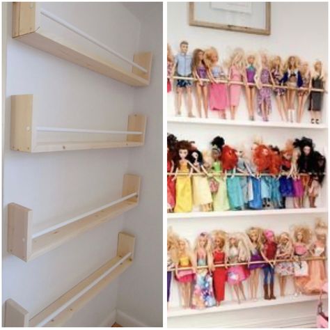 Barbie Corner In Bedroom, Barbie Shelf Storage, Barbie Clothing Storage, Barbie Dream House Storage Ideas, Barbie Clothes Organization Ideas, Doll Toy Storage, Barbie Organizer Ideas, Barbie Wall Storage, Babydoll Organization Ideas