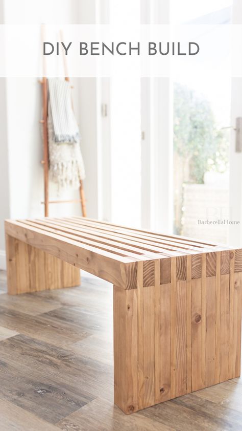 Super easy DIY bench build with 2x4 studs and 1x4 common pine boards. Easy Pine Wood Projects, Diy Benches Entryway, Diy 2x4 Bench Outdoor, Easy Diy Wood Bench, Easy Wooden Bench, 2 X 4 Bench Diy, Diy Potting Bench Plans, Diy Plant Bench Indoor, 2x4 Bench Plans